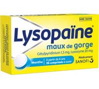 Médicaments sans ordonnance > Médicaments contre les maux de gorge et la toux > Médicaments contre le mal de gorge Lysopaïne Menthe Sans Sucre Comprimés à Sucer x 36