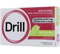 Médicaments sans ordonnance > Médicaments contre les maux de gorge et la toux > Médicaments contre le mal de gorge Drill Sans Sucre Anis Menthe Pastilles à sucer x 34