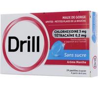Médicaments sans ordonnance > Médicaments contre les maux de gorge et la toux > Médicaments contre le mal de gorge Drill Tétracaïne Pastilles Sans Sucre Pastilles à sucer x 34