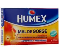 Médicaments sans ordonnance > Médicaments contre les maux de gorge et la toux > Médicaments contre le mal de gorge Humex Mal de Gorge Lidocaïne Menthe Pastilles x 24