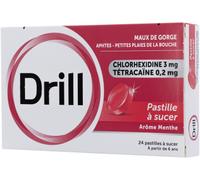 Médicaments sans ordonnance > Médicaments contre les maux de gorge et la toux > Médicaments contre le mal de gorge Drill Pastilles x 24