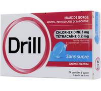 Médicaments sans ordonnance > Médicaments contre les maux de gorge et la toux > Médicaments contre le mal de gorge Drill Tétracaïne Pastilles Sans Sucre x 24 - Maux de gorge - Pharmacie en ligne LaSan