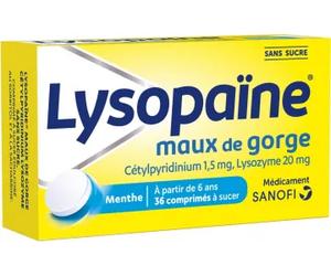 Médicaments sans ordonnance > Médicaments contre les maux de gorge et la toux > Médicaments contre le mal de gorge Lysopaïne Menthe Sans Sucre Comprimés à Sucer x 36