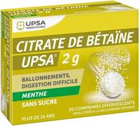 Médicaments sans ordonnance > Médicaments contre les troubles de digestion et les nausées > Médicaments contre la digestion difficile UPSA Citrate de Bétaïne Menthe Sans Sucre 2 g x 20