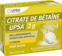 Médicaments sans ordonnance > Médicaments contre les troubles de digestion et les nausées > Médicaments contre la digestion difficile UPSA Citrate de Bétaïne Citron Sans Sucre 2 g x 20