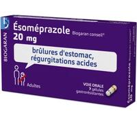 Médicaments sans ordonnance > Médicaments contre les troubles de digestion et les nausées > Médicaments contre les brûlures d'estomac Esoméprazole 20 mg Biogaran Conseil Gélules x 7