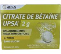 Médicaments sans ordonnance > Médicaments contre les troubles de digestion et les nausées > Médicaments contre la digestion difficile UPSA Citrate de Bétaïne Citron Sans Sucre 2 g Comprimés effervesce