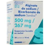 Médicaments sans ordonnance > Médicaments contre les troubles de digestion et les nausées > Médicaments contre les brûlures d'estomac Alginate de Sodium/Bicarbonate de Sodium Sandoz 500 mg/267 mg Sach