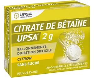 Médicaments sans ordonnance > Médicaments contre les troubles de digestion et les nausées > Médicaments contre la digestion difficile UPSA Citrate de Bétaïne Citron Sans Sucre 2 g x 20