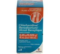 Médicaments sans ordonnance > Médicaments de premiers soins > Médicament antiseptique Chlorhexidine/Benzalkonium/Alcool Benzylique Viatris Conseil 50 ml