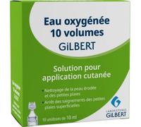 Médicaments sans ordonnance > Médicaments de premiers soins > Médicaments contre les bleus, les coups et les bosses Gilbert Eau Oxygénée 10 Volumes Unidoses x 10