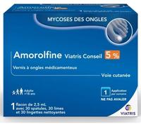 Médicaments sans ordonnance > Médicaments dermatologiques > Médicaments contre les mycoses Amorolfine Mylan Viatris Conseil 5% Vernis à ongles médicamenteux 2,5 ml