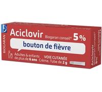 Médicaments sans ordonnance > Médicaments dermatologiques > Médicaments contre l'herpès > Médicament bouton de fièvre Aciclovir Biogaran 5% Crème Tube 2 g
