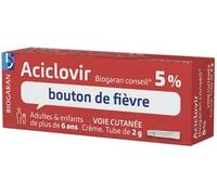 Médicaments sans ordonnance > Médicaments dermatologiques > Médicaments contre l'herpès > Médicament bouton de fièvre Aciclovir Biogaran 5% Crème Tube 2 g