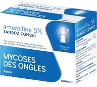 Médicaments sans ordonnance > Médicaments dermatologiques > Médicamments contre les mycoses > Médicaments contre la mycose des ongles Sandoz Conseil Amorolfine 5% 2,5 ml - Mycose des ongles - Pharmaci