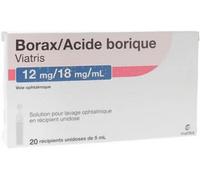 Médicaments sans ordonnance > Médicaments d'ophtalmologie > Médicaments pour soigner une irritation des yeux Borax/Acide Borique Mylan Viatris 12mg/18mg/ml x 20