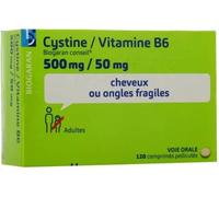 Médicaments sans ordonnance > Médicaments pour la forme et la vitalité > Médicaments contre la chute des cheveux Cystine/Vitamine B6 Biogaran 500 mg/50 mg x 120