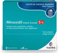 Médicaments sans ordonnance > Médicaments pour la forme et la vitalité > Médicaments contre la chute des cheveux Minoxidil Mylan Viatris 5% 3 x 60 ml