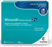 Médicaments sans ordonnance > Médicaments pour la forme et la vitalité > Médicaments contre la chute des cheveux Minoxidil Mylan Viatris 2 % 3 x 60 ml