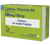 Médicaments sans ordonnance > Médicaments pour la forme et la vitalité > Médicaments contre la chute des cheveux Cystine/Vitamine B6 Biogaran 500 mg/50 mg x 120