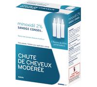 Médicaments sans ordonnance > Médicaments pour la forme et la vitalité > Médicaments contre la chute des cheveux > Minoxidil Sandoz Conseil Minoxidil 2% 3 x 60 ml