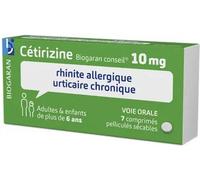 Médicaments sans ordonnance > Médicaments pour le nez et les oreilles > Médicaments antihistaminiques contre les allergies Cetirizine Biogaran 10 mg x 7 - Rhinite allergique - Pharmacie en ligne LaSan