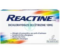 Médicaments sans ordonnance > Médicaments pour le nez et les oreilles > Médicaments antihistaminiques contre les allergies Reactine Cetirizine 10 mg x 7