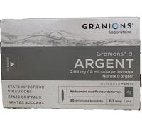 Médicaments sans ordonnance > Médicaments pour soigner les maux de bouches > Médicaments contre les aphtes Granions d'Argent 0,64 mg/2 ml x 30
