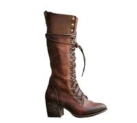Medieval Cosplay Boots - Bottes en Cuir PU Chaussures à Talons Hauts - Bottes médiévales mi-Mollet Lace Up Shoes Festival LARP Shoes pour Cosplay,Marron,39