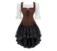 Medieval Femme 3 Set Jupe Gilet sans Veste Pirate Robe Tenue Victorienne Renaissance Costume Deguisement Vintage Halloween Café 2XL