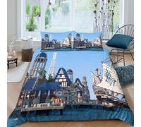 Medieval Harbor scène Ensemble De Literie Microfibre 3 pièces Imprimé en 3D Hypoallergique Pixel Art Coastal Housse de Couette avec Fermeture Éclair Ultra Douce for Chambre Enfants Double（200x200cm）