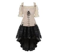 Médiévale Renaissance Pirate Costume Robe Blouse Shirts Vest 3 Set Steampunk Viking Ruffled Bodice Lace-up Waistcoat Cosplay Abricot M