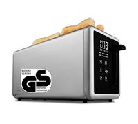 MEDION Grille-pain 4 tranches avec support à petits pains (7 niveaux, 5 programmes, 1.450 W, 2 longues fentes, décongélation, réchauffage, tiroir à miettes, inox mat, MD12103) argent
