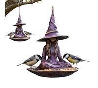 Meditating Witch Garden Bird Feeder, Purple Resin Witch Hat Design with Rope Hanger, Whimsical Witch Statue Feeder for Backyard, Patio, Balcony, All-Season Bird Bath (2Pcs)