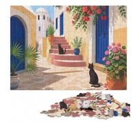 Mediterranean Street Scene with Cats Puzzle en Bois Adulte, 1000 pièces | Une activité sans écran autour de la table - moins de temps devant les écrans le w nd.