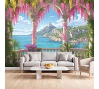 Méditerranée Colonne Corinthienne Fleur Papier Peint Intissé | 350 x 256 cm Papier Peint Photo Panoramique, Fausse Fenêtre Paysage Poster Murale pour Salon Cuisines Chambre Adulte Enfant
