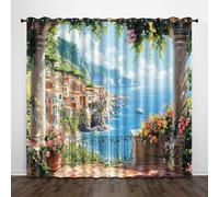 Méditerranéen Rideau Occultant 3D Fleurs Clôture Bord Mer Petite Ville Isolation Protection UV Thermique avec Oeillets Draperies pour Aux Familles Hôtels Maisons de Location 2 Panneaux L140 x H300 CM
