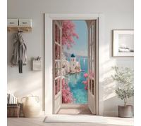 Méditerranéenne Effet 3D Sticker Porte, Grecque Papier Autocollant Porte Mural Décoration, Paysage Stickers Muraux Amovible PVC 77x200 cm