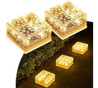 MEDOYOH Lot de 2 lampes solaires à 6 LED en verre pavés - Lumière blanche chaude - Capteur de lumière marche/arrêt - Lampe solaire étanche - Spot de sol pour extérieur, allée, 105 x 105 x 55 mm