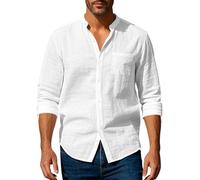 MEDUOLA Chemise Homme en Lin à Col Henri - Manches Longues avec Poche Poitrine, Boutonnage Devant, Style Décontracté et Respirant pour Été (M,Blanc)