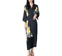 MEDUOLA Peignoirs de bain été pour Femme Peignoire Kimono de Satin Pyjama en Soie Imprimée Chemise de Nuit Longue Sexy et Éléganteà fleur jaune