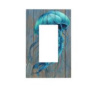 Méduse bleu sarcelle et bleue sur planches de bois pour interrupteur, plaque murale à bascule simple, 1 gang décorateur de prise de courant pour la maison, la cuisine, la salle de bain