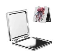 Méduse rose avec fleur miroir de maquillage double face en cuir PU portable compact grossissant de poche