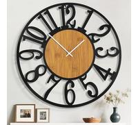 Mee 2ou Grande Horloge Murale 100cm, Silencieuse Style Rustique, Cadran Bois et Métal, Horloge à Pile pour Salon, Chambre, Cuisine, Bureau, Décoration Murale Moderne