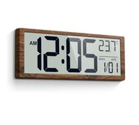 Mee 2ou Horloge Murale Numérique 16 Pouces - Grand Écran LCD sur Piles | Horloge décorative, grands chiffres lisibles | Alarme, calendrier, température | Seniors, chambre, salon, cuisine, effet bois