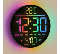 Mee 2ou Horloge murale numérique - 25 cm/10 11 couleurs RVB auto-luminosité, température, date et jour, heure d'été automatique, veilleuse sans tic-tac, horloge murale électrique moderne à DEL pour