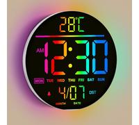 Mee 2ou Horloge murale numérique - 25 cm/10 11 couleurs RVB auto-luminosité, température, date et jour, heure d'été automatique, veilleuse sans tic-tac, horloge murale électrique moderne à DEL pour