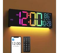 Mee 2ou Horloge Numérique Murale 16,5" avec Bluetooth, Veilleuse, Dimmable, 2 Alarmes, Température, Couleur RGB, Télécommande, 12/24H, Timer - Salon, Bureau, Cadeau Sénior