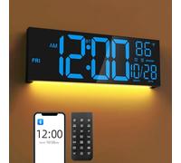Mee 2ou Horloge Numérique Murale 16,5" avec Bluetooth, Veilleuse, Dimmable, 2 Alarmes, Température, Couleur RGB, Télécommande, 12/24H, Timer - Salon, Bureau, Cadeau Sénior