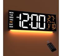 Mee 2ou Horloge Numérique Murale 16,5" avec Minuteur, Lumière Nocturne, 2 Réveils, 8 Couleurs RGB, Réglage Auto de la Luminosité, Température, Date, 24/12 Heure pour le Salon, Chambre, Bureau, Seniors